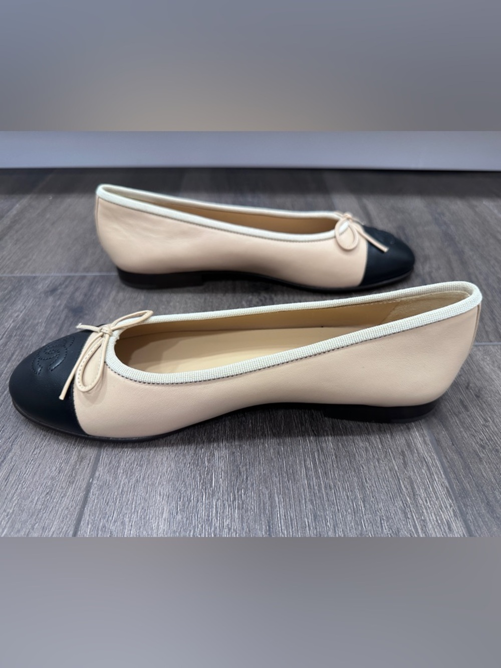 CHANEL Beige and Black Cap-Toe Ballet Flats - Picture 10 of 16